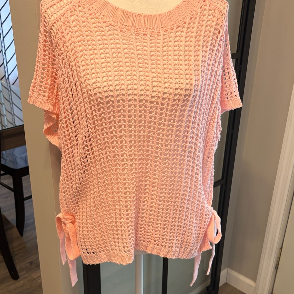 New With Tags…Boutique…Pink Crochet Side Tie Short Sleeve Sweater